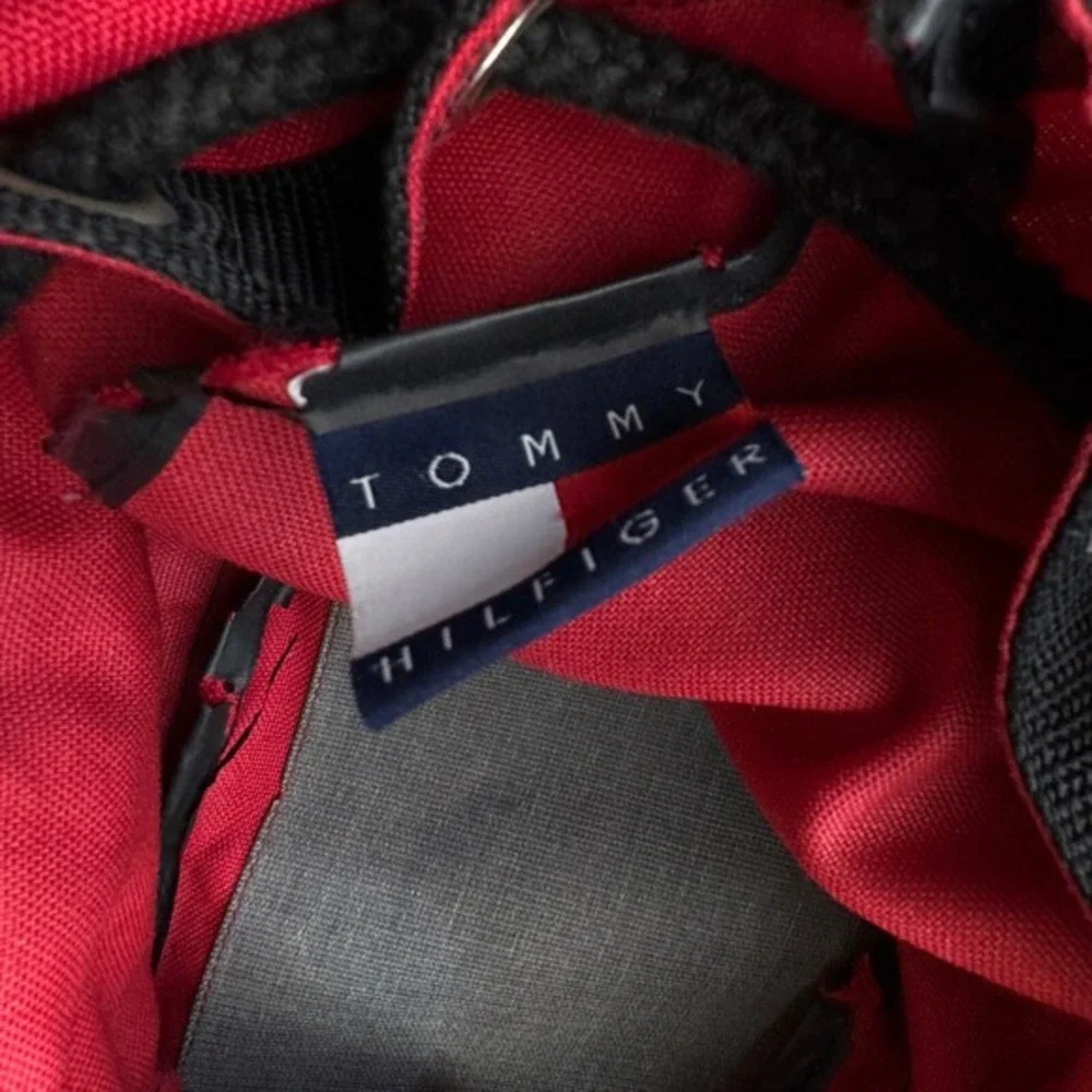 VINTAGE Tommy Hilfiger Backpack Red Blue 90s Alpine Olympics Patch‎ Cinch Canvas